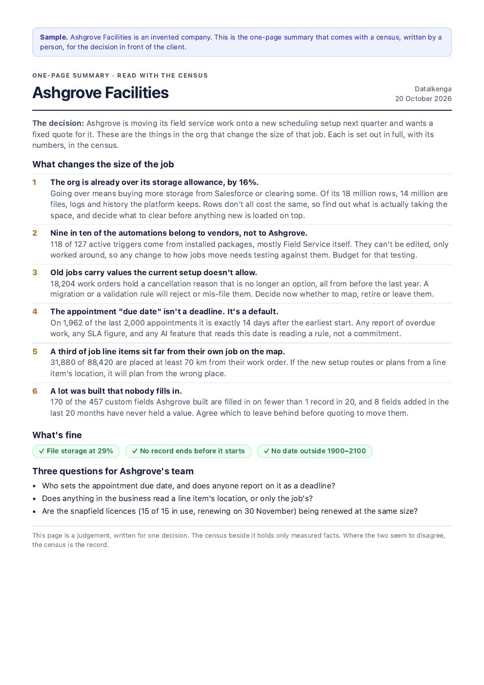 A sample one-page summary listing six things that change the size of the job.